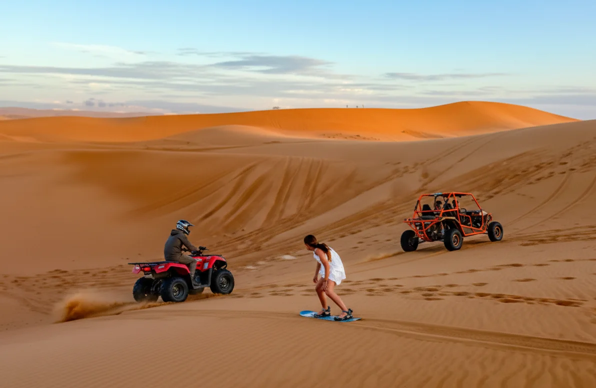 Quad bike moving up a steep sand dune during a desert ride
