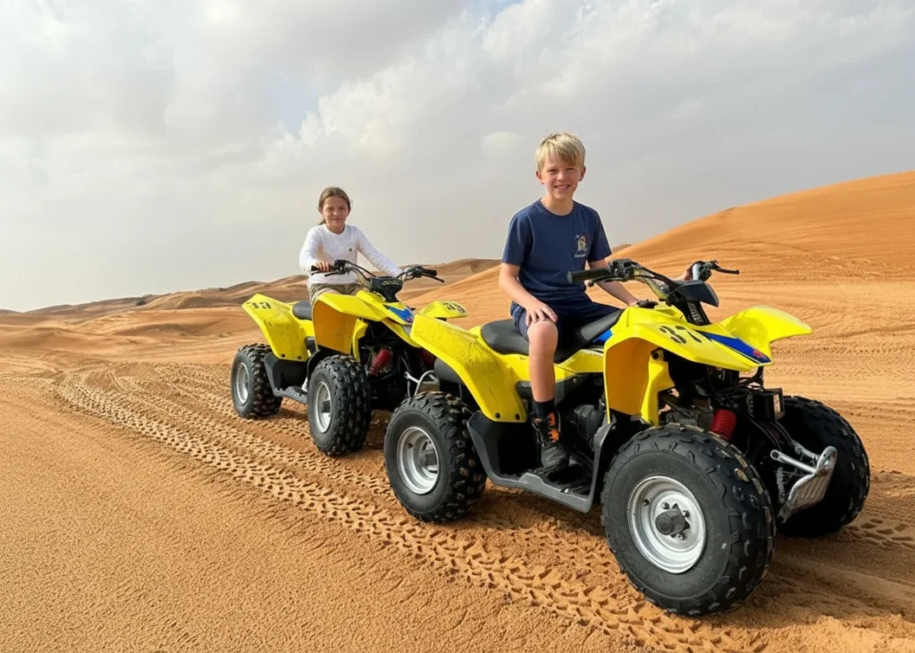 Child practicing quad biking on a flat desert track in Dubai