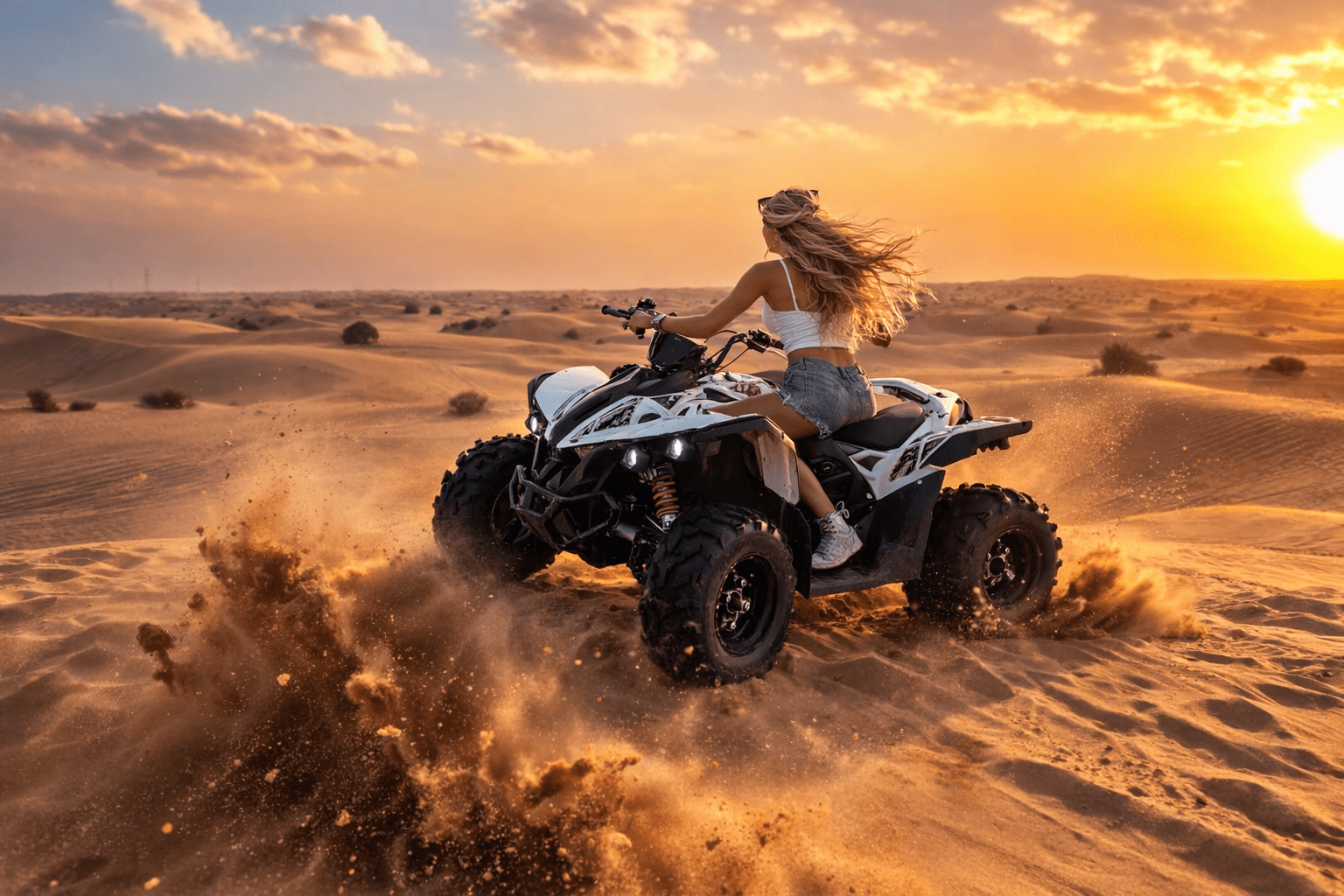 Rider navigating a quad bike across the red sand dunes of Dubai desert during a guided morning adventure under clear skies safely