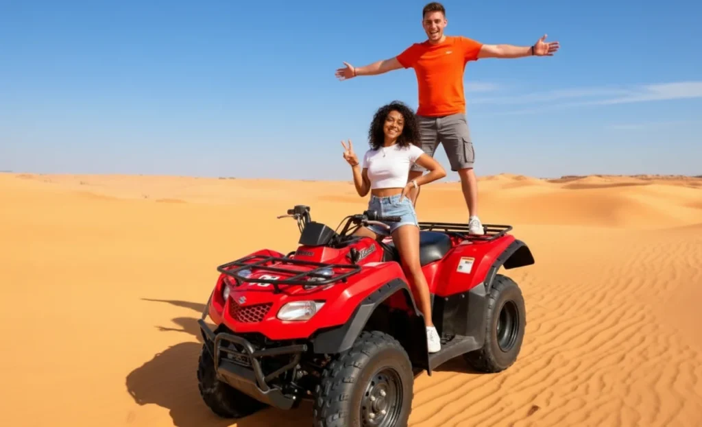 Desert guide explaining safety instructions to riders before a quad bike session in Dubai