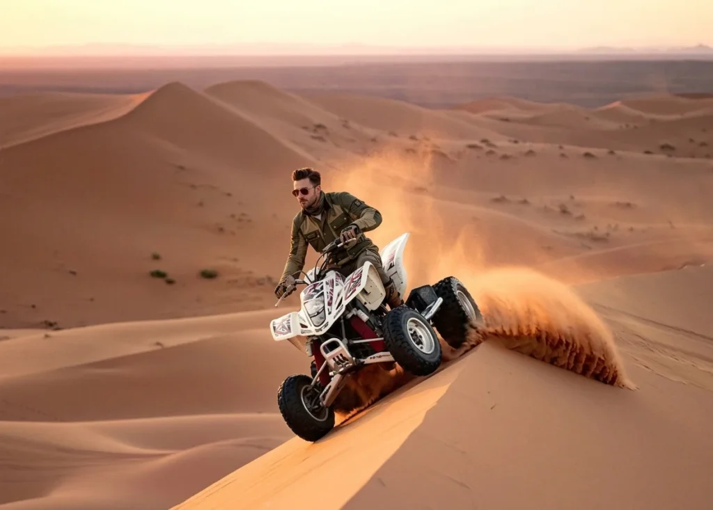 Adventure rider controlling quad bike while climbing soft sand dunes in Dubai desert showing proper throttle balance and safe dune riding skill.