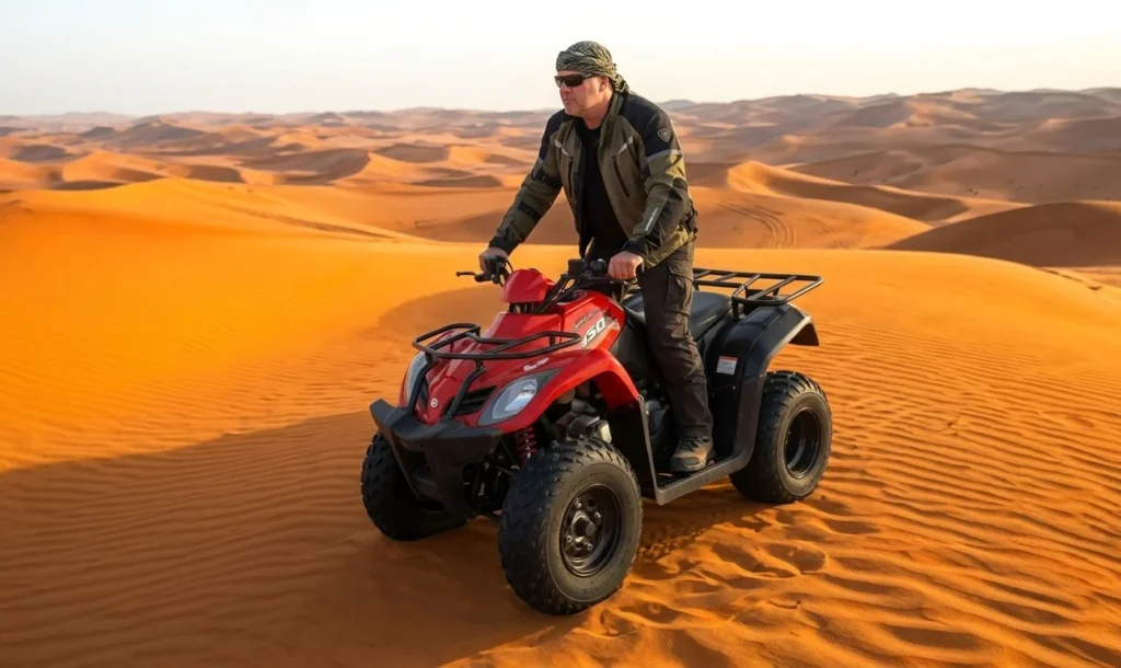 Tour guide explaining quad bike safety rules to tourists before a desert adventure ride in Dubai while riders wear helmets and prepare for dune riding.