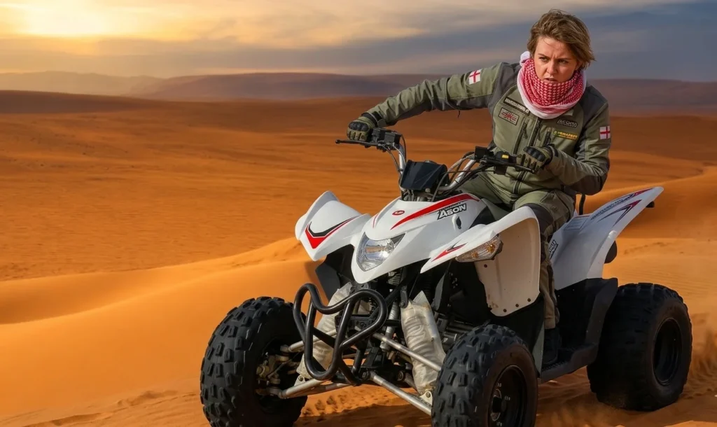 Visitors starting quad bike rental adventure in Dubai desert while preparing helmets gloves and safety gear before exploring large red dunes.