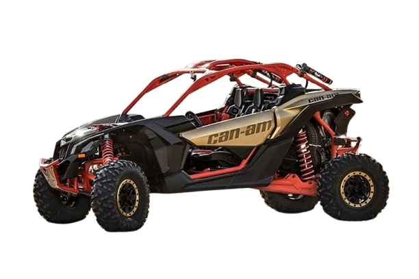 Can-Am X3 dune buggy racing over Dubai red desert dunes during an extreme off-road adventure ride