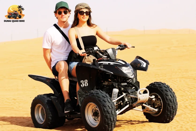 Rider wearing helmet and safety gear while preparing for quad bike ride in Dubai desert ensuring protection and comfort before starting the activity
