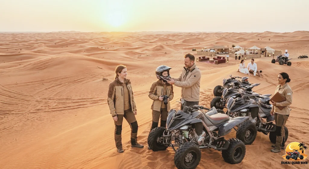 Children and parents enjoying desert camp attractions after completing their quad biking tour.