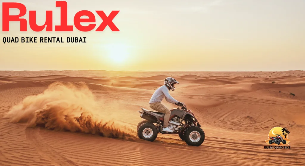 Family of four quad biking in Dubai desert at sunset all wearing helmets long sleeve shirts lightweight trousers and closed sports shoes