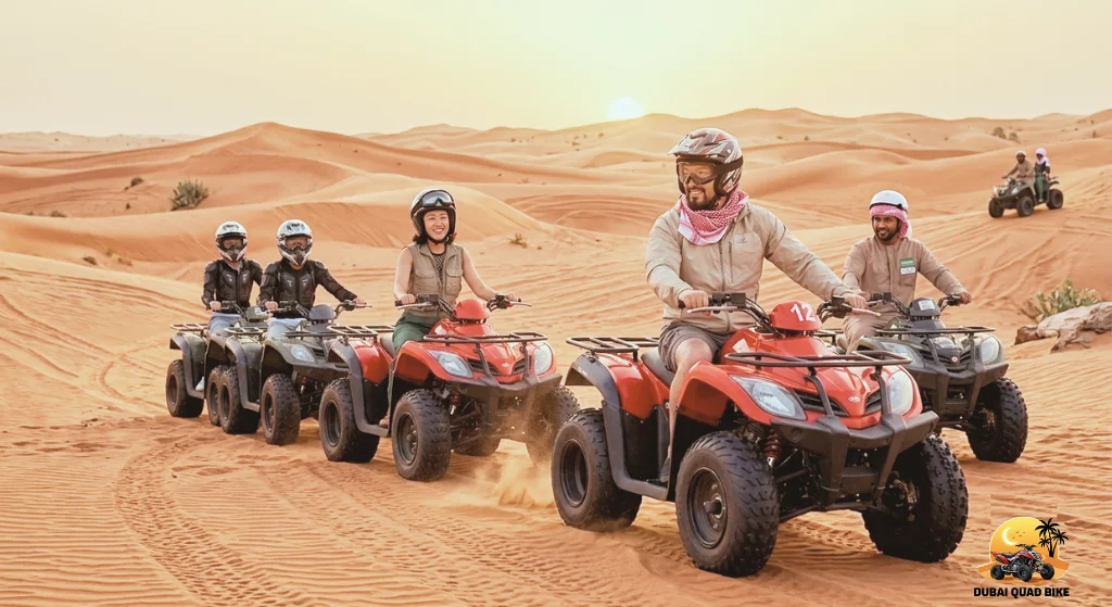 Family enjoying a guided ATV ride through Dubai's red dunes at sunset, creating unforgettable desert memories together.