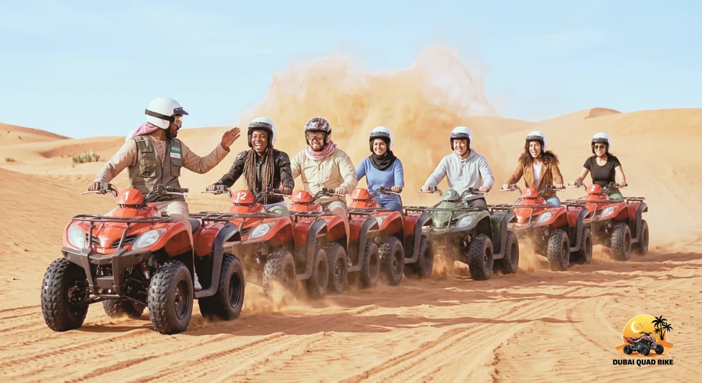 Families and friends celebrate beside their quad bikes after completing a scenic desert journey.