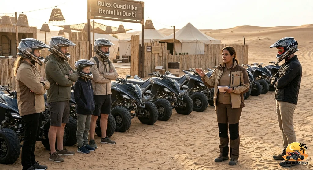 Guests listening to professional safety instructions before starting their family quad biking experience in Dubai.