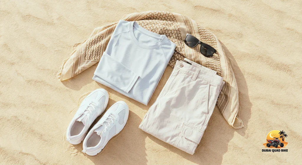 Quad biking Dubai outfit flat lay showing long sleeve shirt, cargo trousers, sports shoes, sunglasses and shemagh on sand