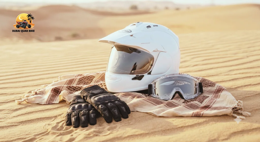 Quad bike rider in light clothing, helmet and goggles riding across red sand dunes in Lahbab desert Dubai at golden hour