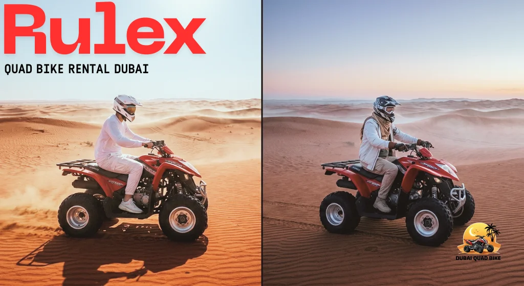 Split image showing quad biking outfit for Dubai summer in white breathable clothing versus winter rider in light jacket on red dunes