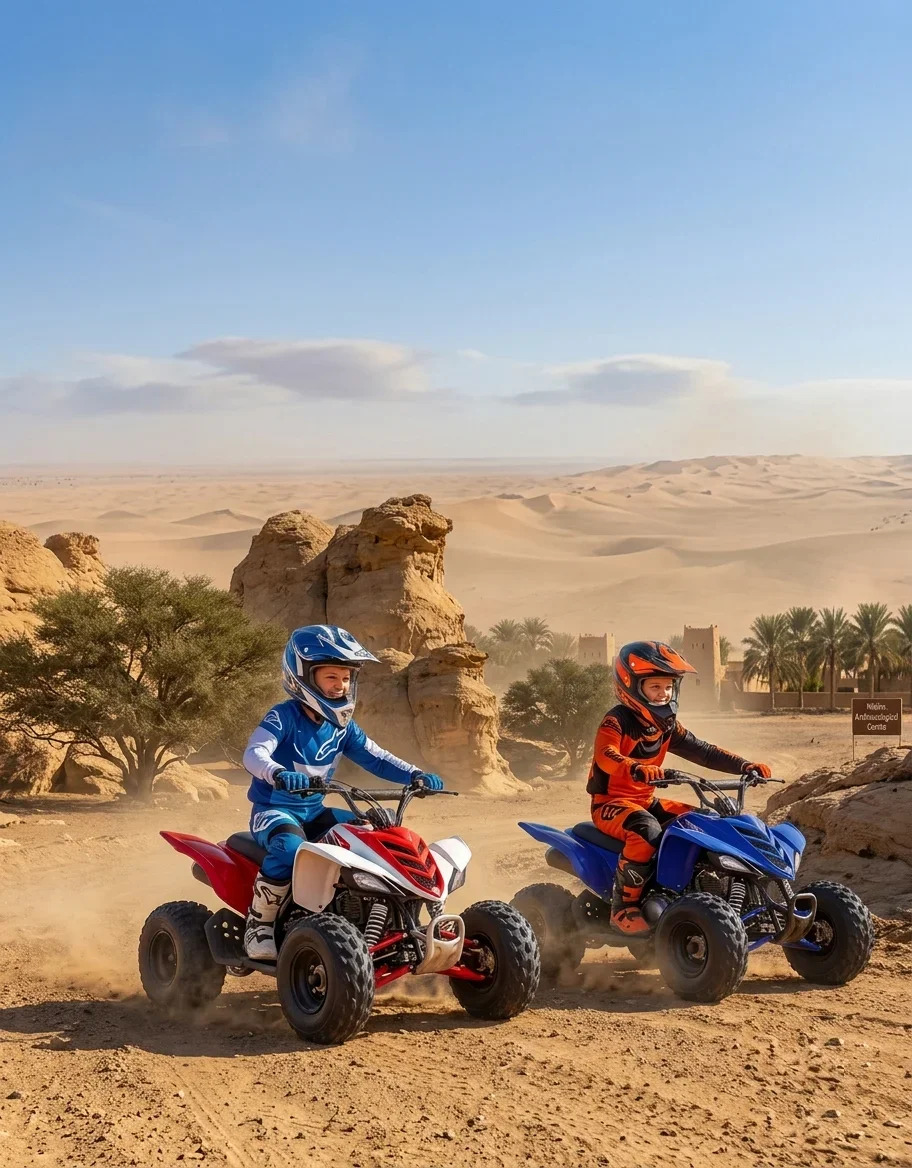 Quad Bike Dubai Tour with riders exploring the red sand dunes of the Arabian Desert on a guided ATV adventure in Dubai