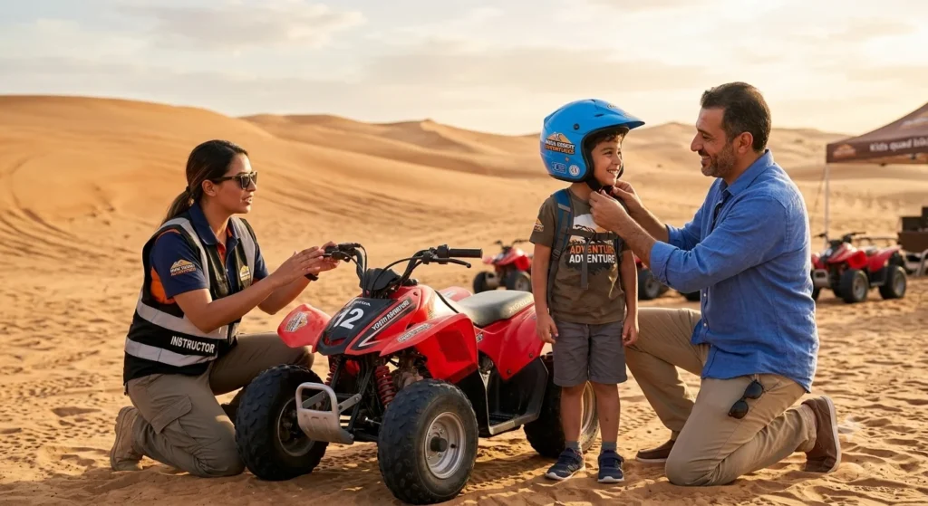 A family watching children ride automatic mini quad bikes through Dubai's red desert during a guided summer holiday adventure.