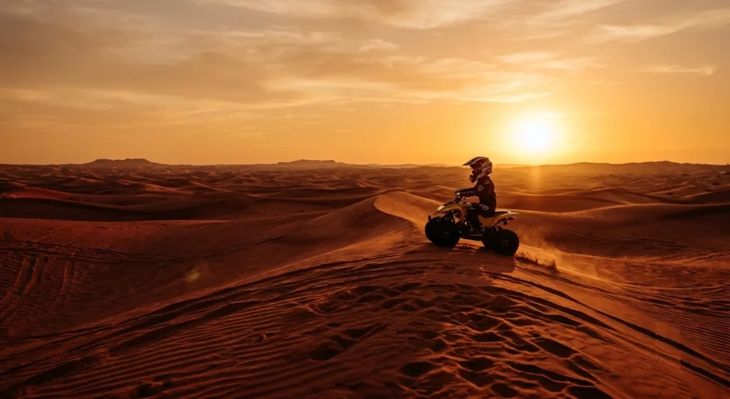 A child enjoying a guided kids quad biking adventure across Dubai's red sand dunes during a cool early morning in summer.