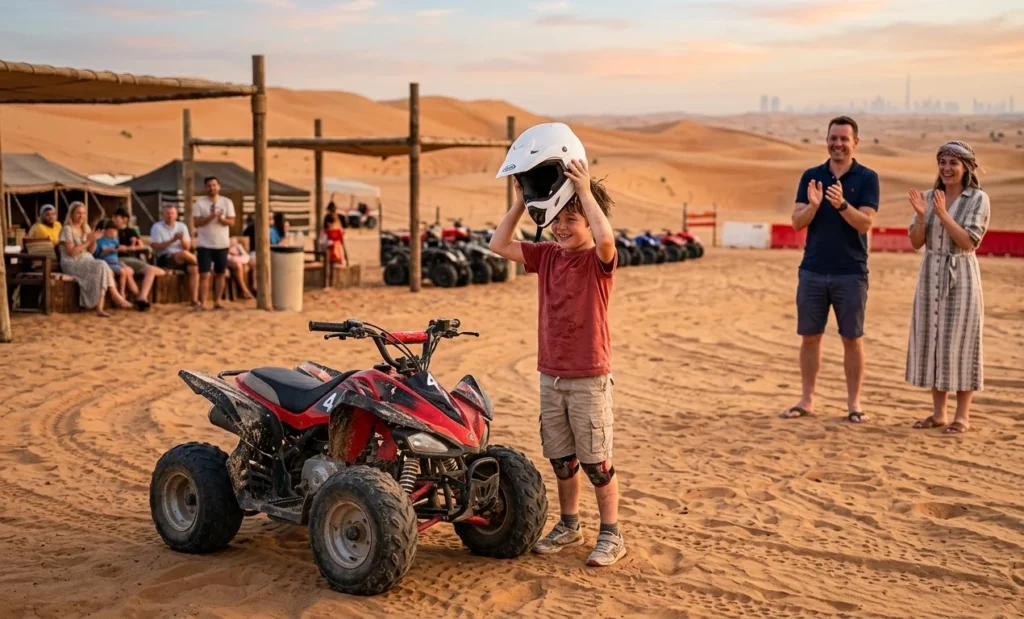 A professional instructor giving water to a child wearing safety gear during a morning kids quad biking tour in Dubai's desert.