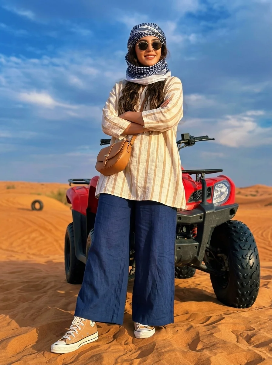 Rider enjoying an ATV desert adventure in Dubai while controlling the vehicle across sandy terrain and rolling dunes.