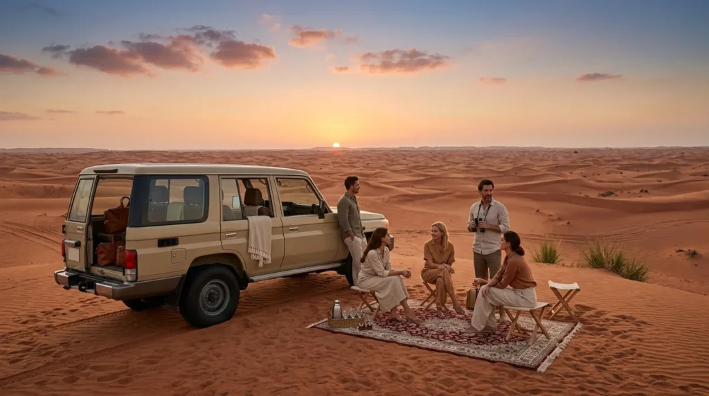 Tourists with a desert guide beside a 4x4 safari vehicle in Dubai