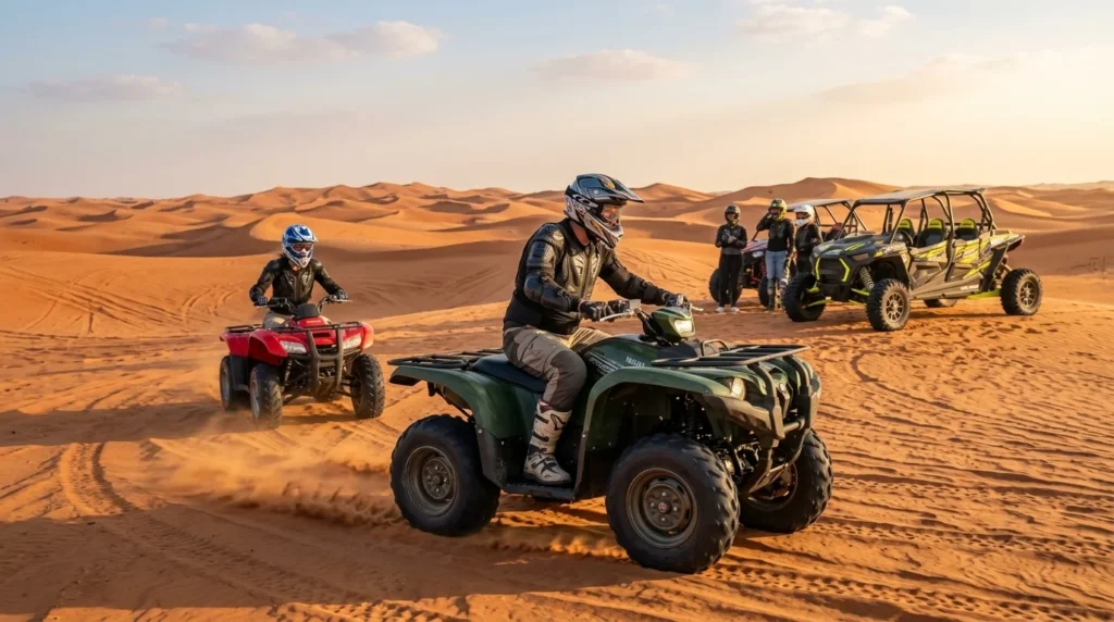 Riders wearing helmets on quad bikes in the Dubai desert with a dune buggy nearby