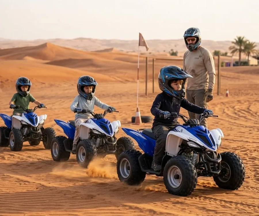 Family enjoying Kids Quad Biking Dubai while children ride mini quad bikes and parents capture memorable moments.