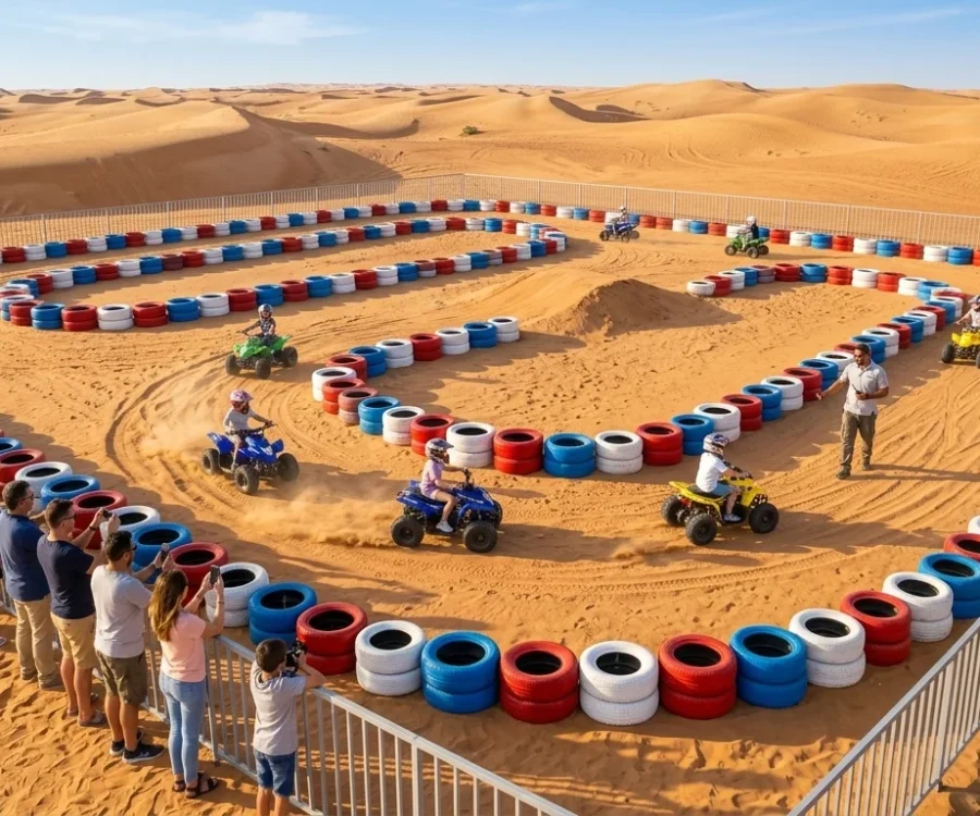 Group of children riding mini ATVs on a supervised desert track during a Kids Quad Biking Dubai adventure.