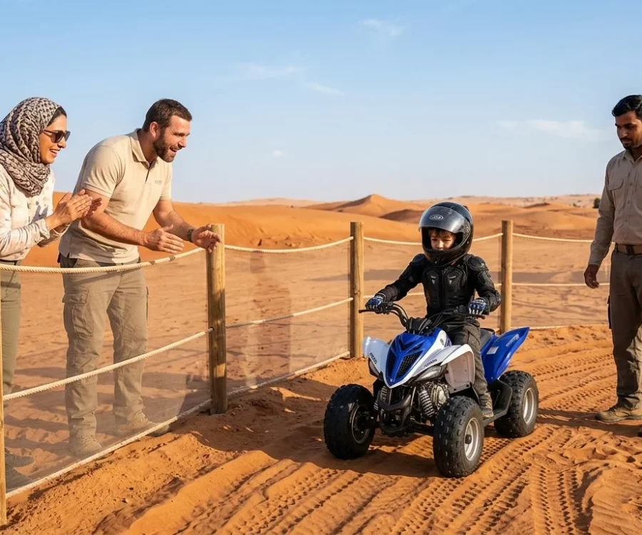 Happy child standing beside a mini quad bike after completing a Kids Quad Biking Dubai adventure in the desert.