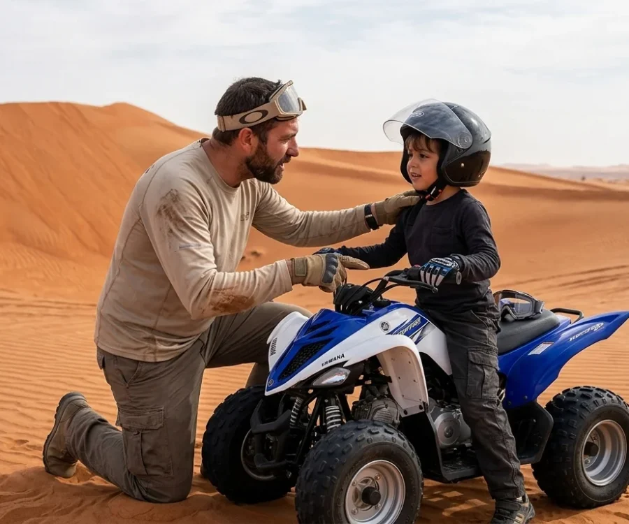 Professional instructor giving a safety briefing to a child before a Kids Quad Bike Dubai ride with helmets and protective equipment.
