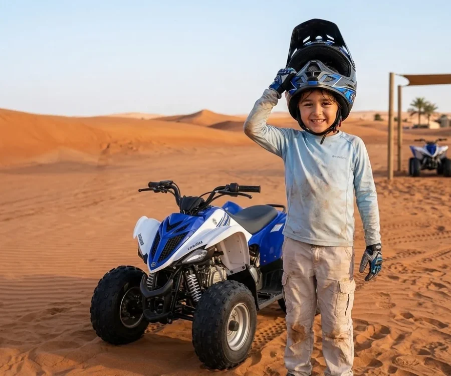 Close-up of a child-friendly mini quad bike designed for safe Kids Quad Biking Dubai experiences in the desert.